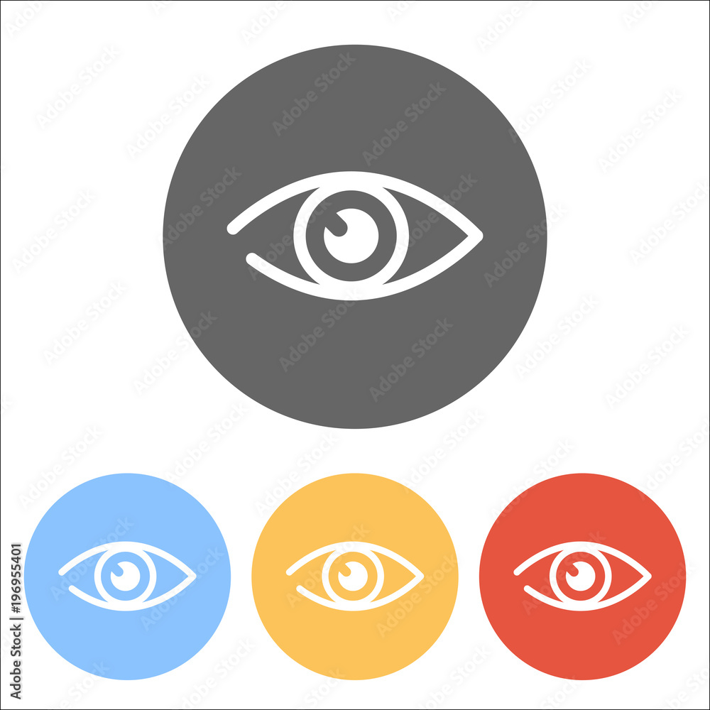 simple eye icon. Set of white icons on colored circles simple eye icon. Set of white icons on colored circles
