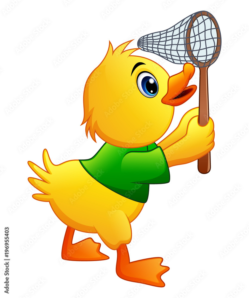 Cute little duck with a net on a white background