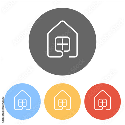 house with window icon. line style. Set of white icons on colore