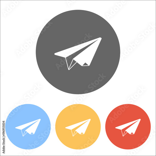 paper plane. origami glider. Set of white icons on colored circl
