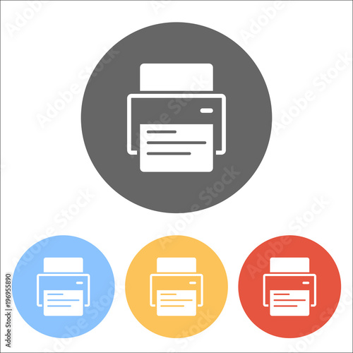 printer and paper. Set of white icons on colored circles