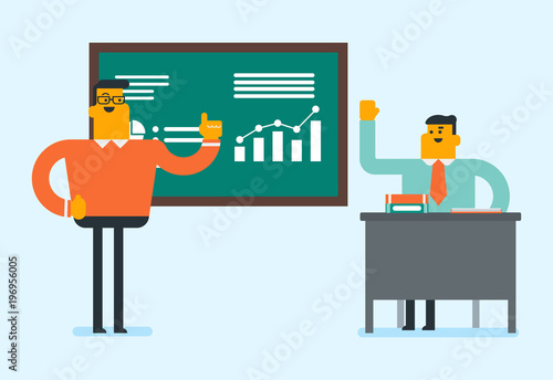 Young caucasian white student sitting at the desk with raised hand to answer a question of his teacher. Teacher standing in front of the blackboard and asking the student. Vector cartoon illustration. © Visual Generation