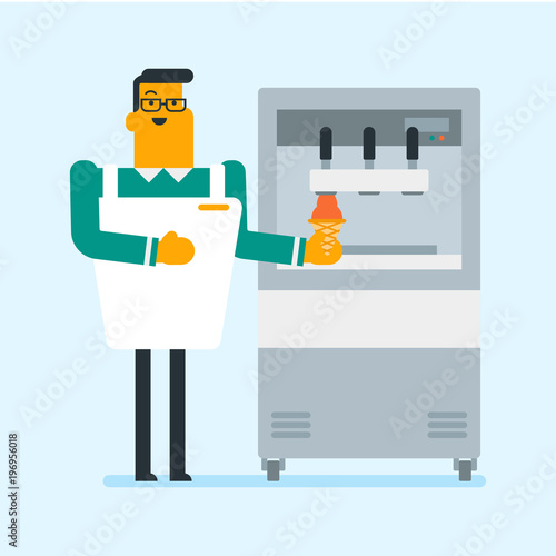 Young caucasian white man holding waffle cone with twisted ice cream from machine. Confectioner in chef uniform producing ice cream at the factory. Vector cartoon illustration. Square layout.