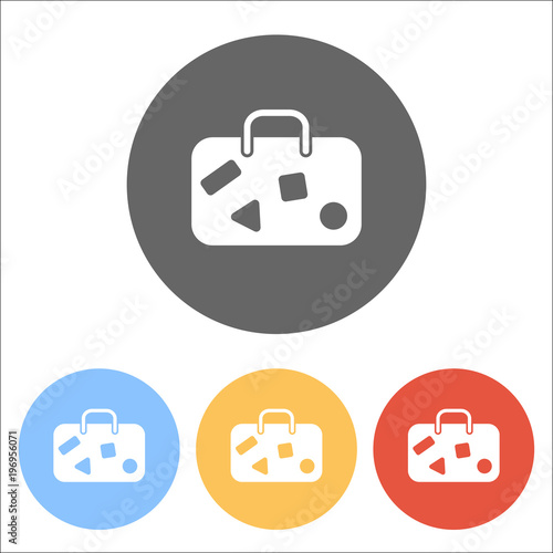 traveling bag, luggage, case. Set of white icons on colored circ