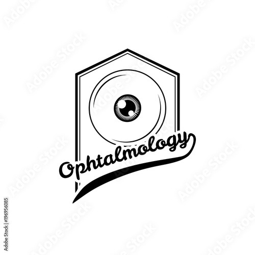 Healthy eye icon. Ophthalmology inscription. Illustration of healthy eye. Eye clinic logo.