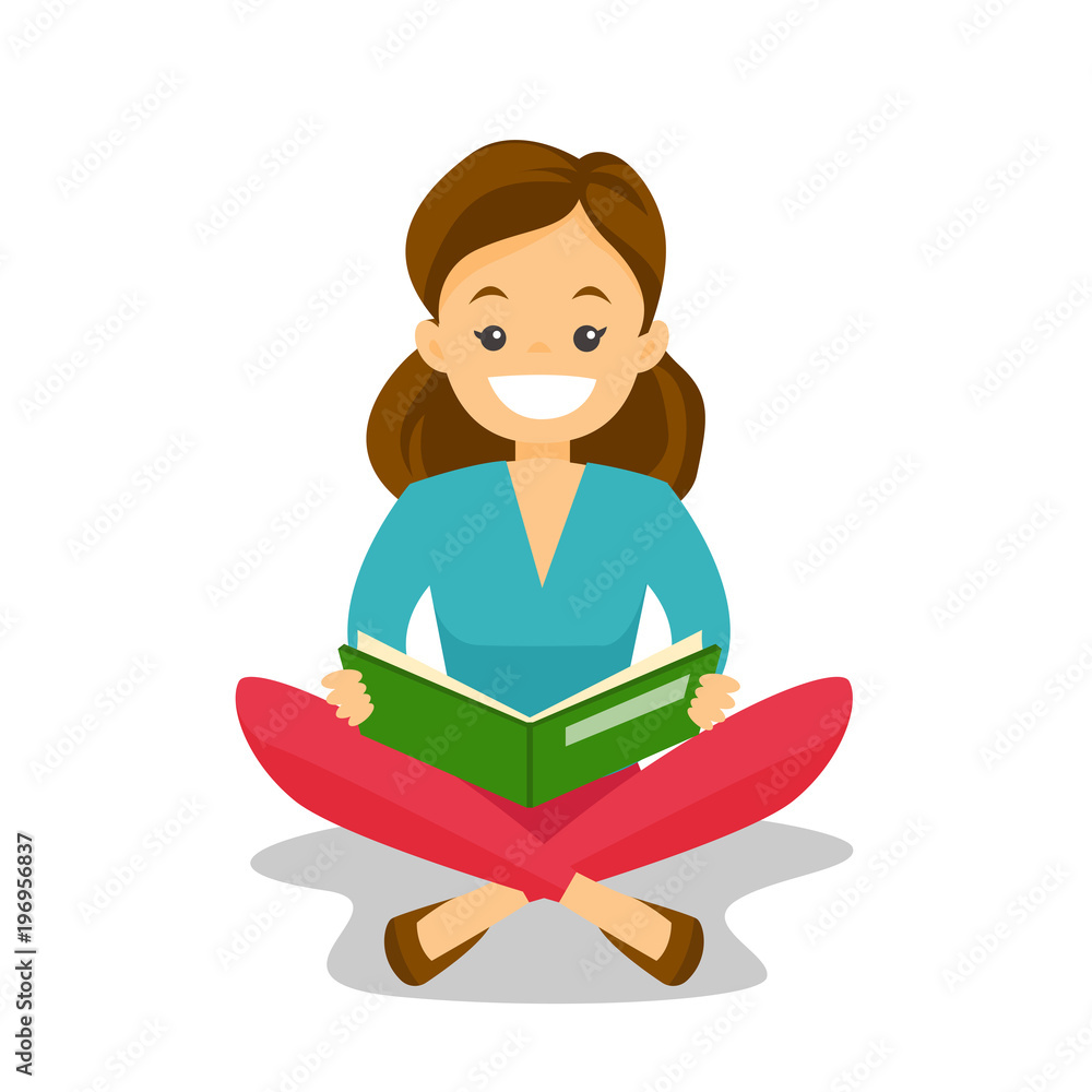 Young caucasian white college student sitting on the floor and reading a  book. Student preparing for the exam with book. Concept of education.  Vector cartoon illustration isolated on white background. Stock Vector |