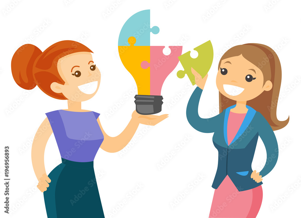 Caucasian white students completing idea light bulb made of puzzle. Student inserts the missing puzzle into idea light bulb. Vector cartoon illustration isolated on white background. Horizontal layout Caucasian white students completing idea light bulb made of puzzle. Student inserts the missing puzzle into idea light bulb. Vector cartoon illustration isolated on white background. Horizontal layout