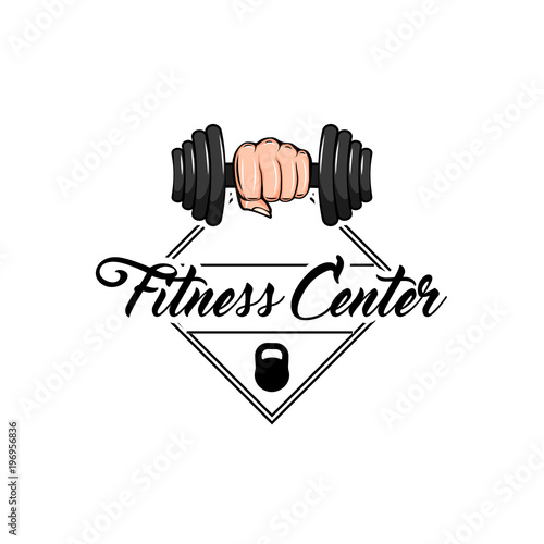 Dumbbell in fist. Gym weightlifting and fitness sport club logo. Vector file.