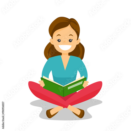 Young caucasian white college student sitting on the floor and reading a  book. Student preparing for the exam with book. Concept of education.  Vector cartoon illustration isolated on white background. Stock Vector |