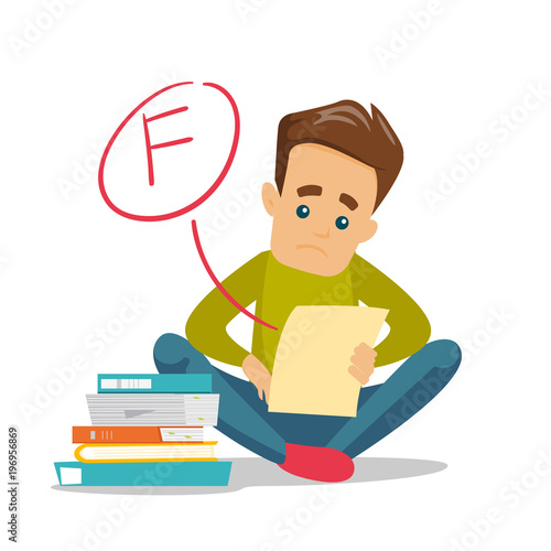 Unhappy caucasian white student disappointed by test with F grade. Sad student looking at the test paper with bad mark. Education concept. Vector cartoon illustration isolated on white background.
