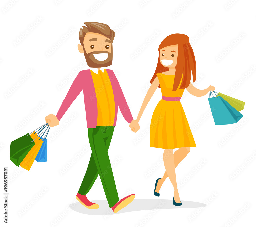 Caucasian white couple walking with colorful shopping bags. Young woman and man having fun while doing shopping together. Vector cartoon illustration isolated on white background. Square layout.