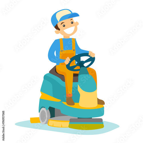 Young cucasian white man cleaning supermarket floor with washing machine. Man operating floor scrubber machine. Cleaning service concept. Vector cartoon illustration isolated on white background.