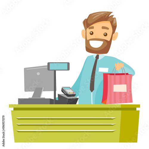 Young caucasian white cashier standing at the checkout and giving purchase. Male cashier handing over shopping bag. Vector cartoon illustration isolated on white background. Square layout.