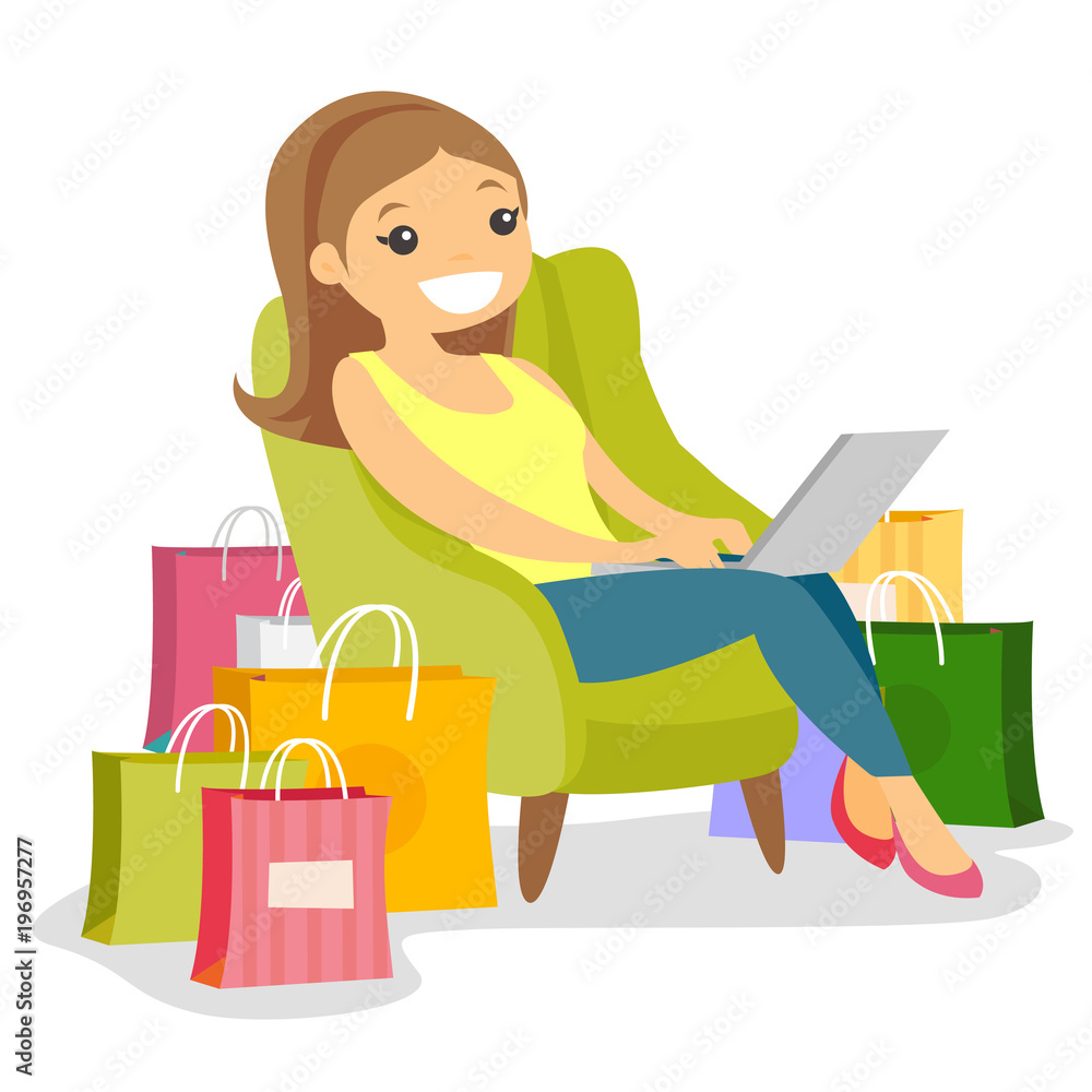 Young caucasian white woman sitting on the armchair among shopping bags with a laptop computer. Woman doing online shopping. Vector cartoon illustration isolated on white background. Square layout. Young caucasian white woman sitting on the armchair among shopping bags with a laptop computer. Woman doing online shopping. Vector cartoon illustration isolated on white background. Square layout.