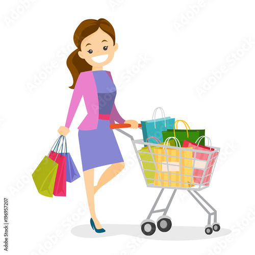 Happy caucasian white woman pushing cart full of shopping bags. Young smiling consumer standing with a lot of shopping bags. Vector cartoon illustration isolated on white background. Square layout.