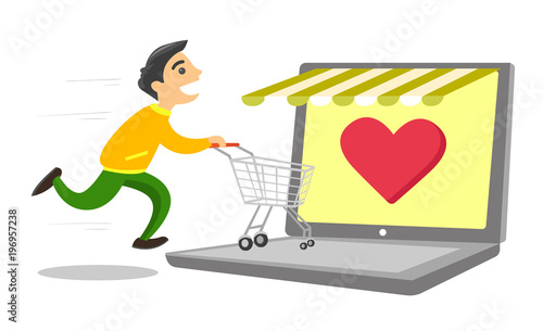 Young caucasian white man using laptop for online shopping. Happy man running with shopping cart on a laptop computer. Vector cartoon illustration isolated on white background. Horizontal layout.