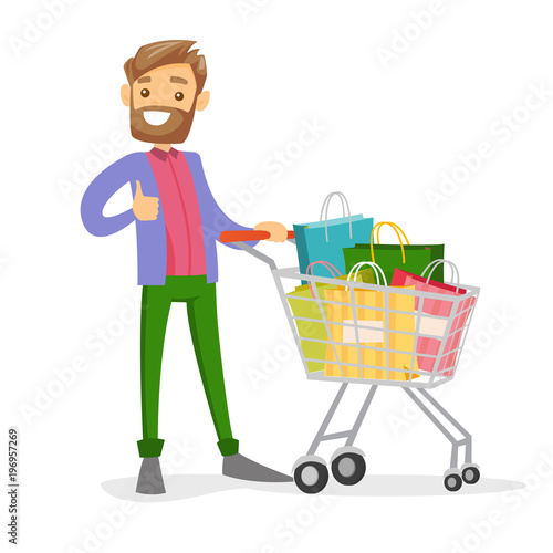Caucasian white man pushing cart full of shopping bags. Young consumer standing with a lot of shopping bags and giving thumb up. Vector cartoon illustration isolated on white background. Square layout