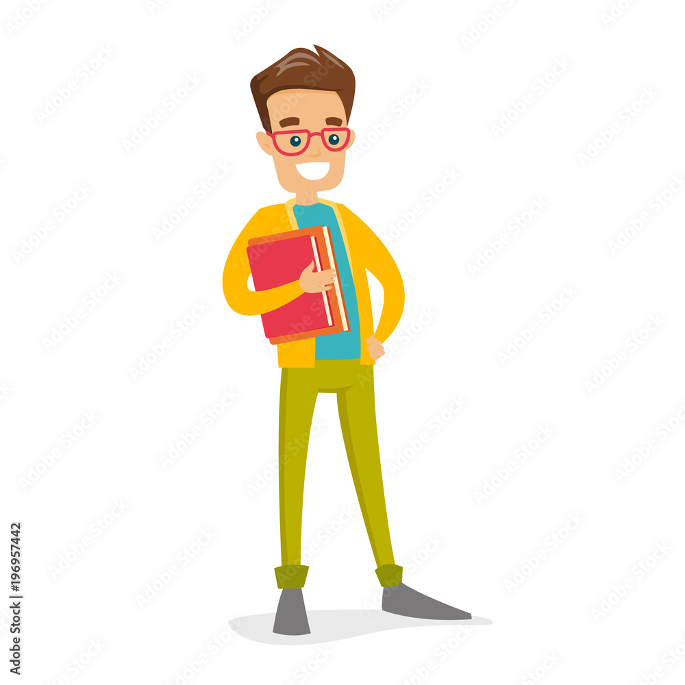 Young caucasian white college student in glasses holding books. Young male  student with books. Concept of education. Vector cartoon illustration  isolated on white background. Square layout. Stock Vector | Adobe Stock