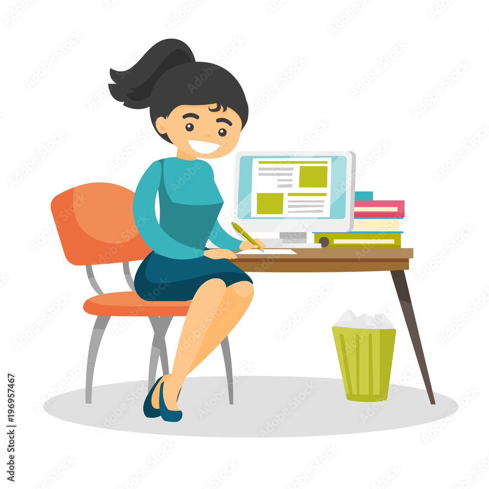Caucasian white student sitting at the table with a computer and writing an  essay. Student using a computer for education. Educational technology  concept. Vector cartoon illustration. Square layout. Stock Vector | Adobe