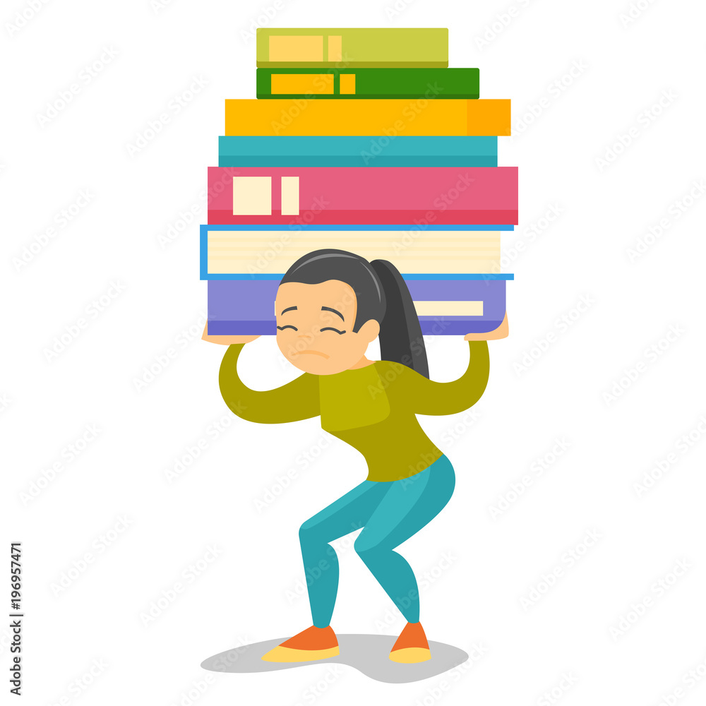 Young caucasian white tired college student carrying a heavy pile of books on back. Female university student walking with huge stack of books. Vector cartoon illustration isolated on white background Young caucasian white tired college student carrying a heavy pile of books on back. Female university student walking with huge stack of books. Vector cartoon illustration isolated on white background