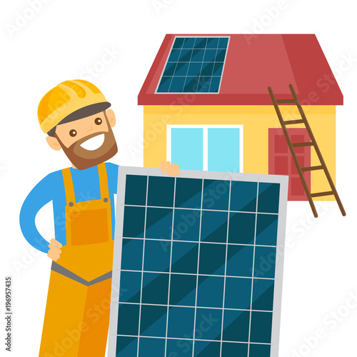 Young caucasian white engineer installing solar panel on the roof. Engineer in hard hat adjusting solar panel. Renewable energy concept. Vector cartoon illustration isolated on white background.
