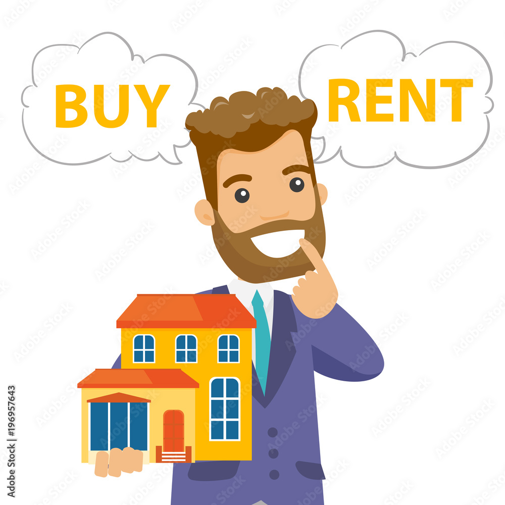Young caucasian white man thinking buy or rent a house. Hipster businessman choosing between buying and renting a house. Buy or rent concept. Vector cartoon illustration isolated on white background. Young caucasian white man thinking buy or rent a house. Hipster businessman choosing between buying and renting a house. Buy or rent concept. Vector cartoon illustration isolated on white background.