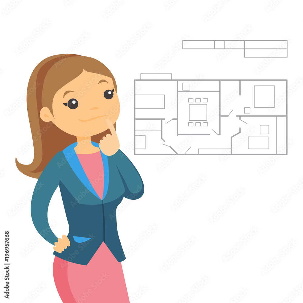 Young caucasian white woman thinking about blueprint of new apartment.  Female designer working on home interior design. Vector cartoon  illustration isolated on white background. Square layout. Stock Vector |  Adobe Stock
