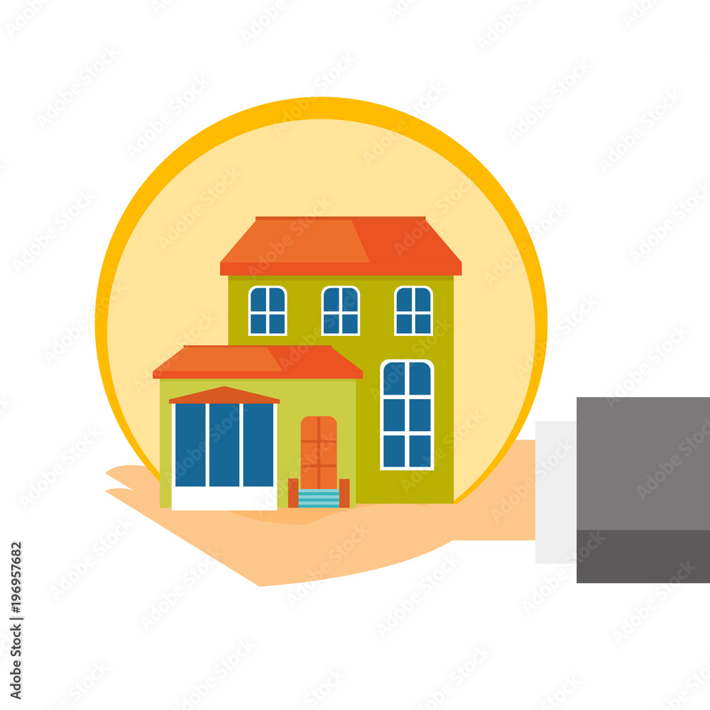 Hands of insurance agent with house model. Miniature house in human hands. Property insurance and security concept. Vector cartoon illustration isolated on white background. Square layout. Hands of insurance agent with house model. Miniature house in human hands. Property insurance and security concept. Vector cartoon illustration isolated on white background. Square layout.