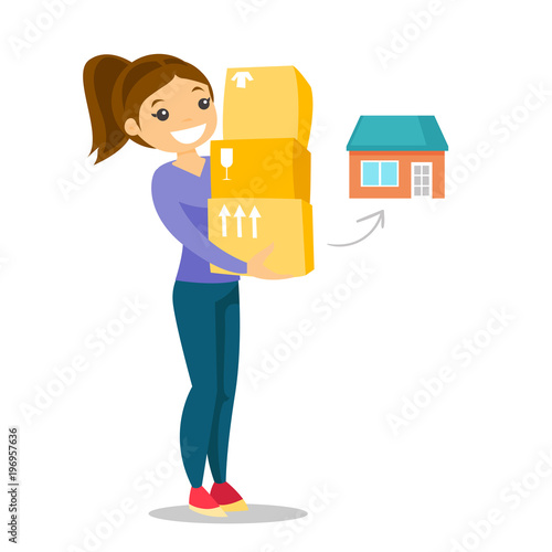 Young caucasian white woman moving to a new house and carrying boxes. New homeowner holding cardboard boxes. Vector cartoon illustration isolated on white background. Square layout.