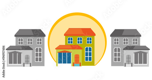 Colorful unique house standing out from the rest of gray houses. Choosing the right real estate property concept. Vector cartoon illustration isolated on white background. Horizontal layout.