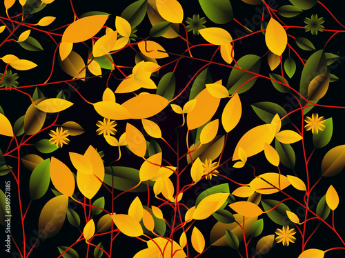 Abstract dark color background with red branch,green and yellow leaves pattern,illustration.