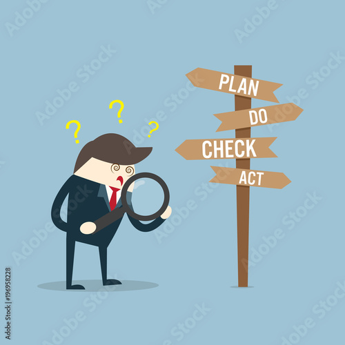 Decision. A businessman confused  looks at business sign pointing to many directions . Concept business vector