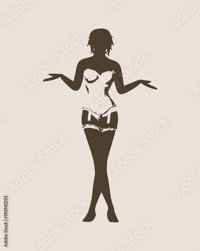 Beautiful sexy fitness girl. Pretty woman wearing lingerie. Front view. Young lady hands her hands apart