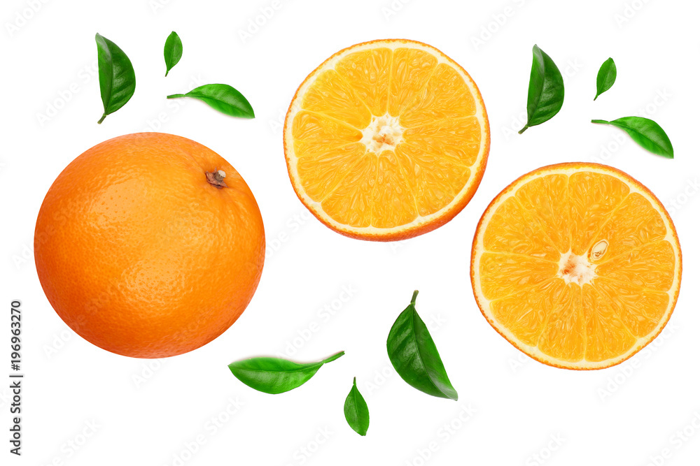 Orange with slice and leaf isolated on the white background. Flat lay pattern. Top view Orange with slice and leaf isolated on the white background. Flat lay pattern. Top view