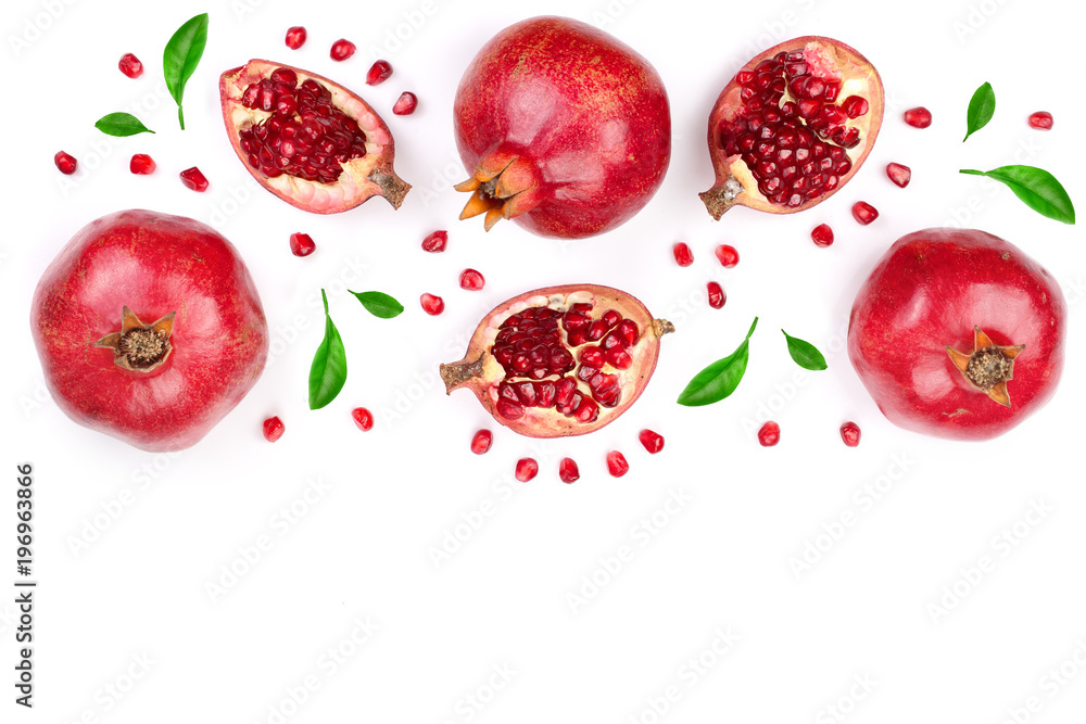 pomegranate with leaves isolated on white background with copy space for your text. Top view. Flat lay pattern pomegranate with leaves isolated on white background with copy space for your text. Top view. Flat lay pattern