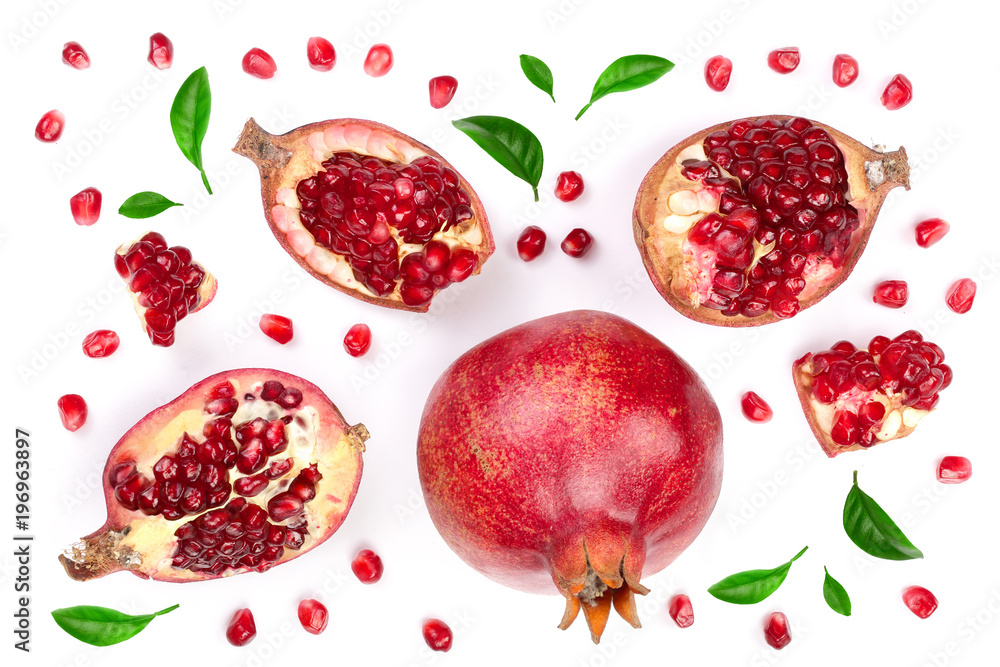 pomegranate with leaves isolated on white background. Top view. Flat lay pattern pomegranate with leaves isolated on white background. Top view. Flat lay pattern