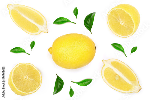 lemon with leaves and slices isolated on white background. Flat lay, top view
