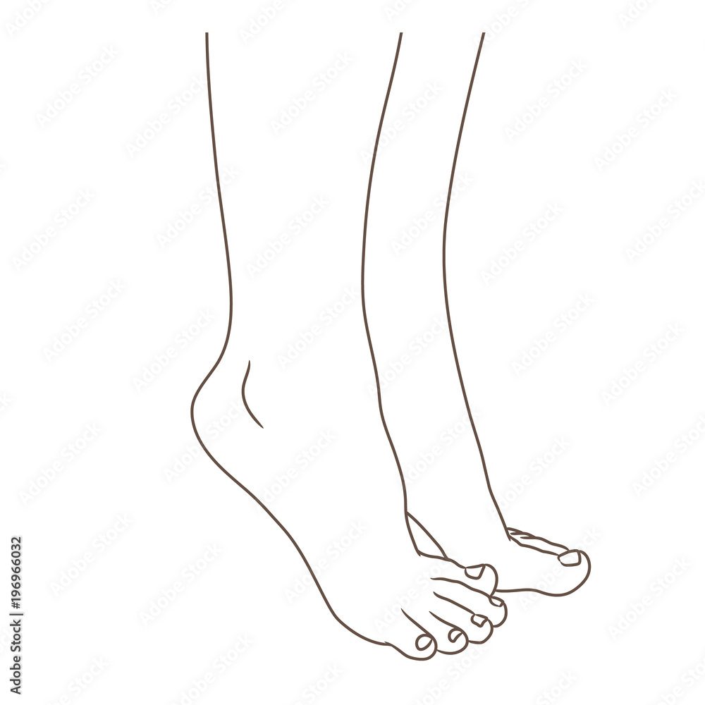 Female legs barefoot, side view. Vector illustration, hand drawn cartoon style isolated on white, black and white contour Female legs barefoot, side view. Vector illustration, hand drawn cartoon style isolated on white, black and white contour
