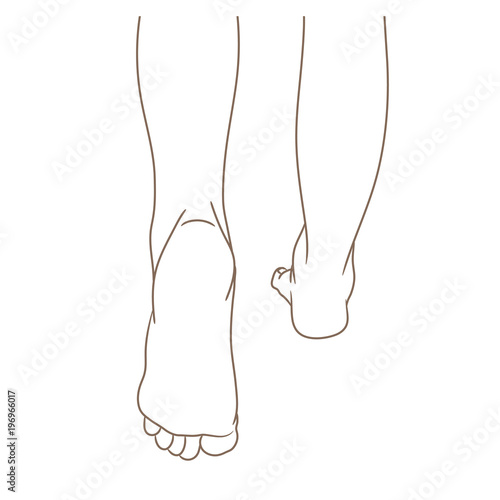 Female legs barefoot, back view, walking. Vector illustration, hand drawn cartoon style isolated on white, black and white contour