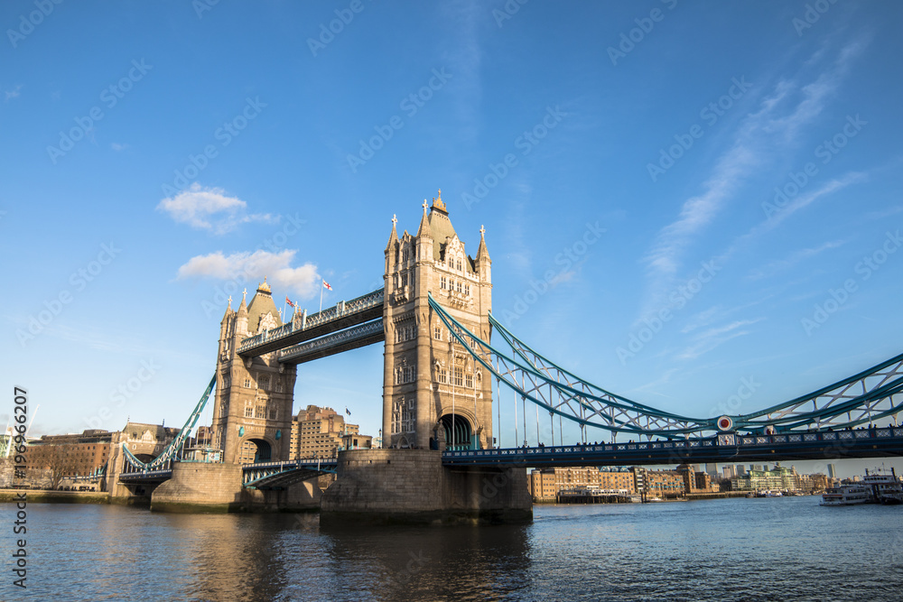 Tower Bridge is a combined bascule and suspension bridge in London built between 1886 and 1894. The bridge crosses the River Thames close to the Tower of London.