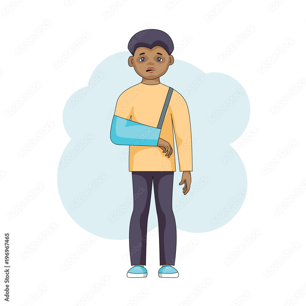 Young male character with an injured arm in plaster isolated Young male character with an injured arm in plaster isolated
