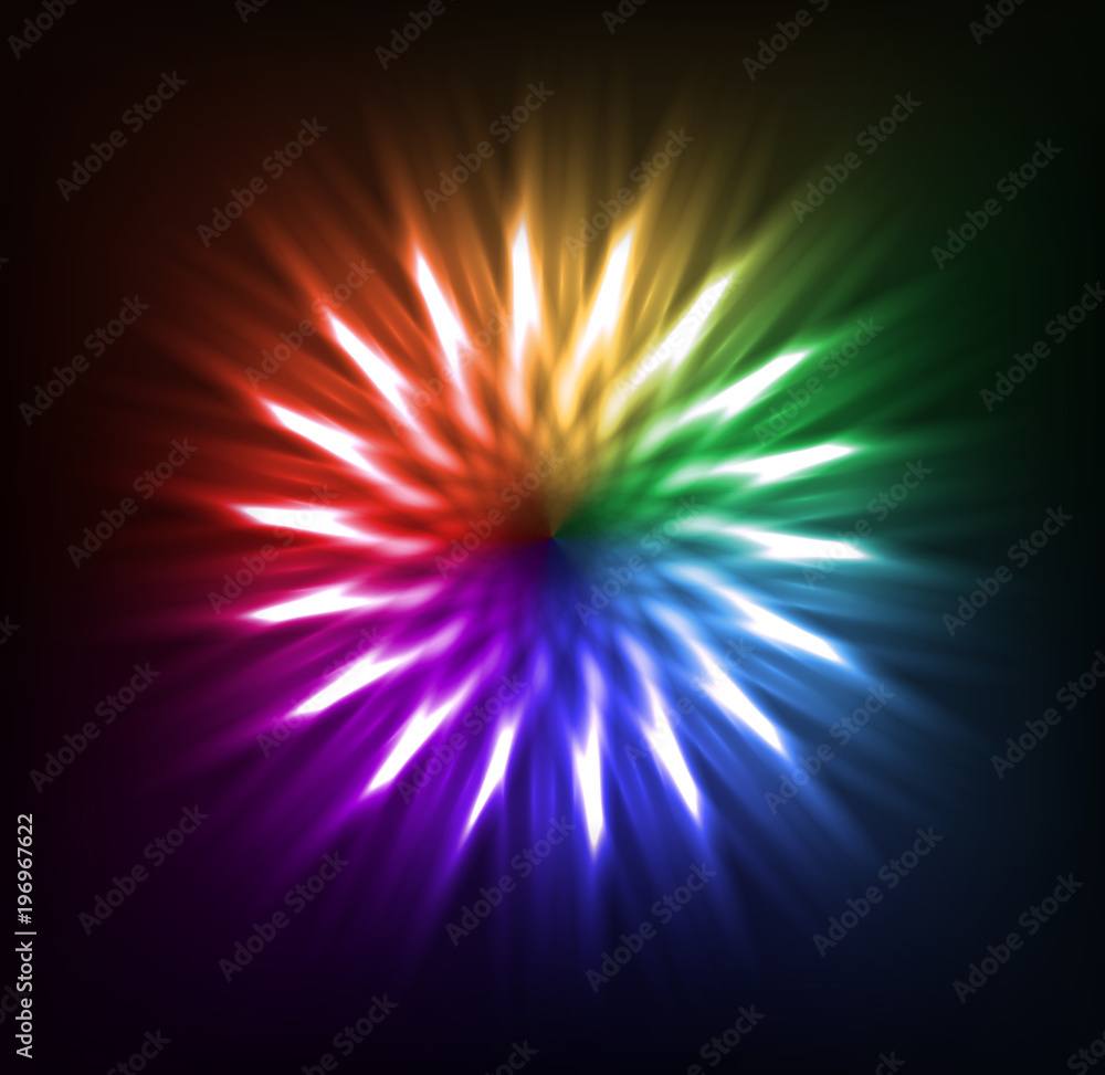 Fototapeta premium Colorful neon flower on black backdrop. Vector background for your design.