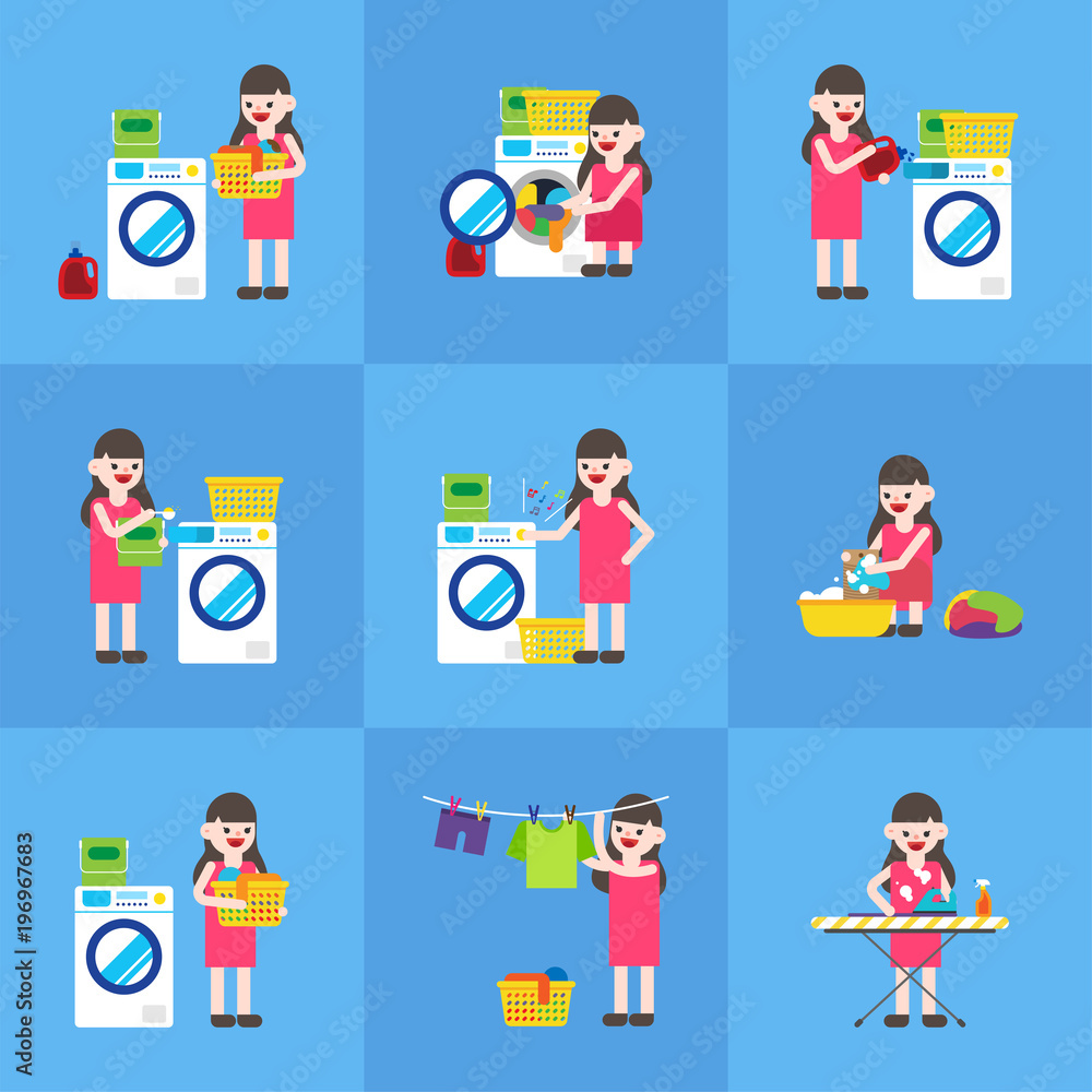 Fototapeta premium laundry process information. vector flat design illustration set 