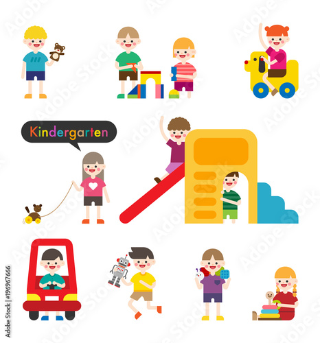 children character in kindergarten. vector flat design illustration set 