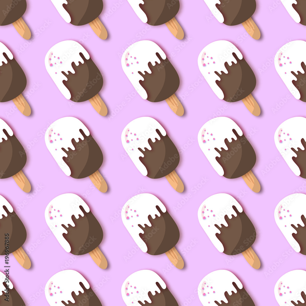 White chocolate Ice-cream seamless pattern in paper cut style. Origami Melting ice cream on pink.