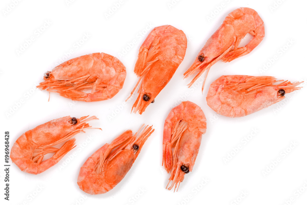 Red cooked prawn or shrimp isolated on white background. Top view. Flat lay Red cooked prawn or shrimp isolated on white background. Top view. Flat lay