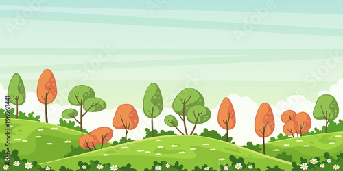 Rual autumn landscape with tree and flowers