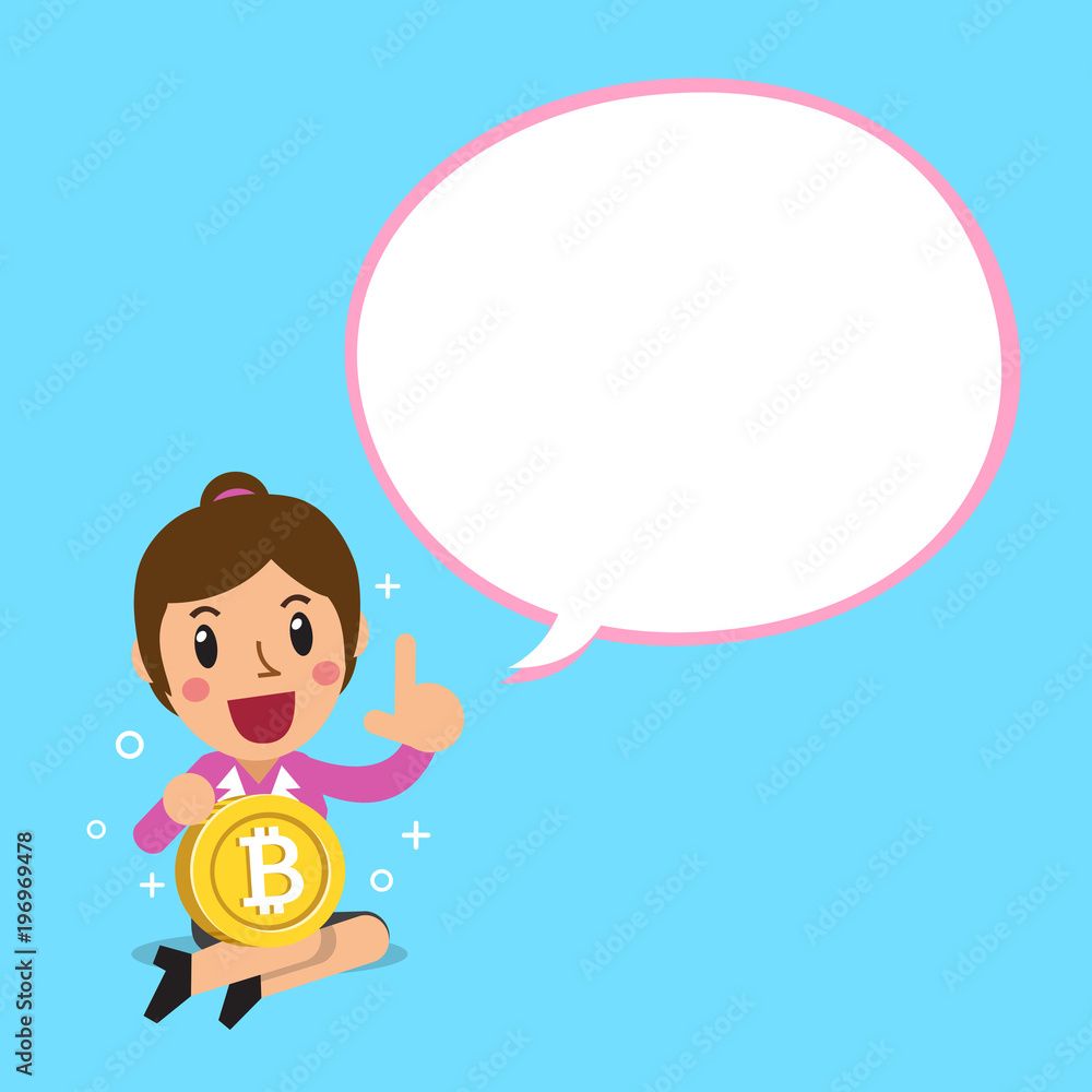 Cryptocurrency concept businesswoman with a big coin and white speech bubble Cryptocurrency concept businesswoman with a big coin and white speech bubble