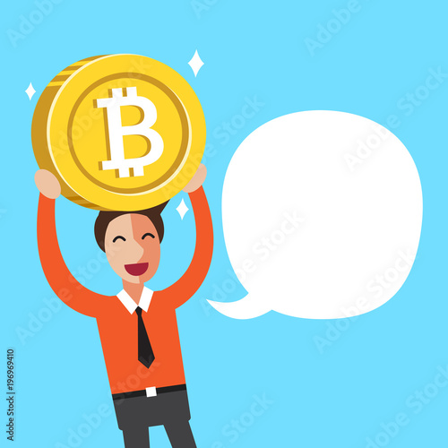Cryptocurrency concept a businessman with big coin and white speech bubble