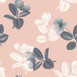 Seamless pattern, vintage black and white cosmos flower with Ficus Elastica leaves on pink background